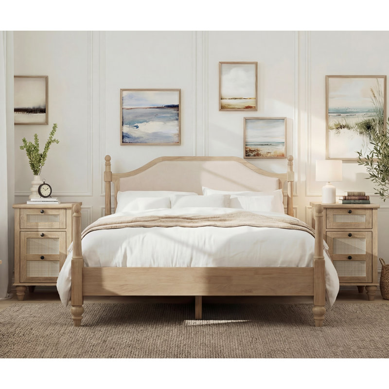 Ensemble de chambre à coucher 3 pièces, cadre de lit plateforme avec tête de lit et ensemble de 2 tables de chevet en rotin avec station de charge, chêne
