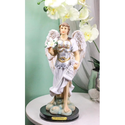 Figurine Archangel Saint Gabriel avec volutes et lotus blanc avec base H 12 po