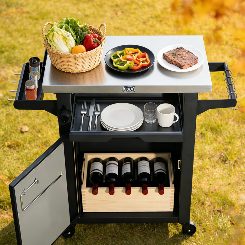 Table de four à pizza d'extérieur 20 po x 30 po, table de barbecue en acier inoxydable avec armoire de rangement et roulettes, station de préparation pour barbecue et cour arrière