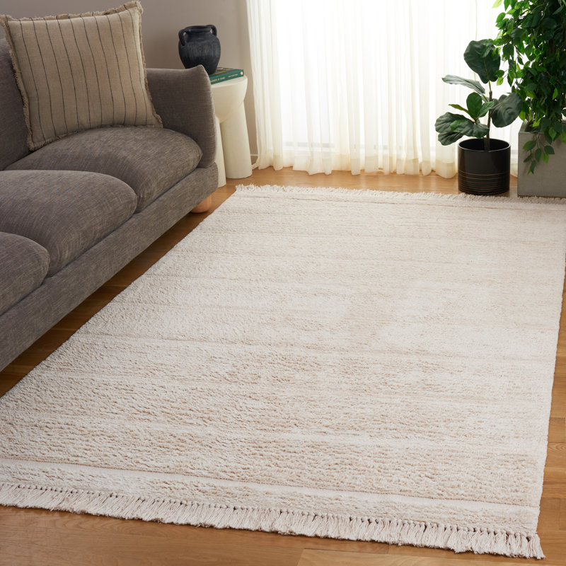 Tapis ivoire en coton tissé à plat à la main Frederi, Rectangle de 5 pi x 8 pi
