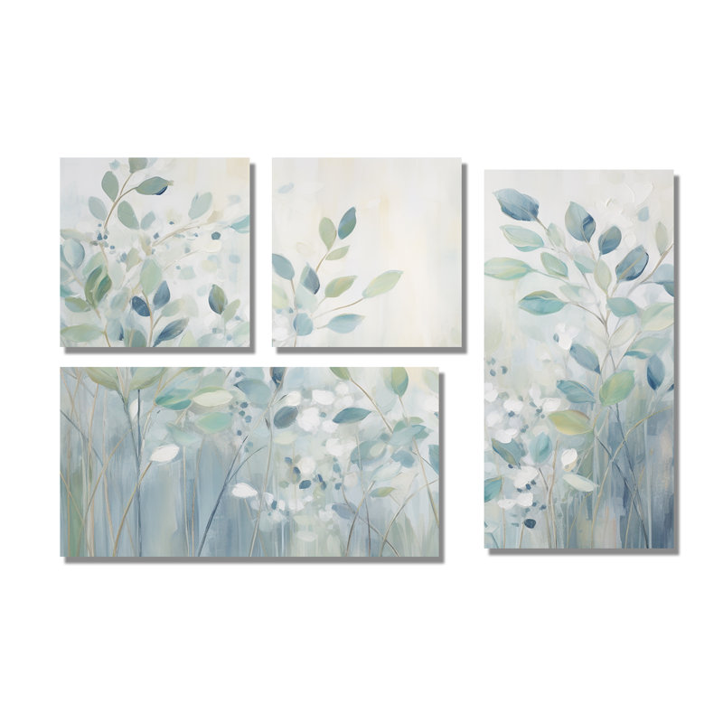 «Blue Botanical Rhythms IV - Abstract Botanicals», art mural sur toile 4 pièces, Impression encadrée sans passe-partout, Noir