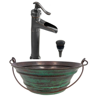 15" Copper Vessel Bucket Sink Green Patina Exterior, 13 Faucet & Drain Included