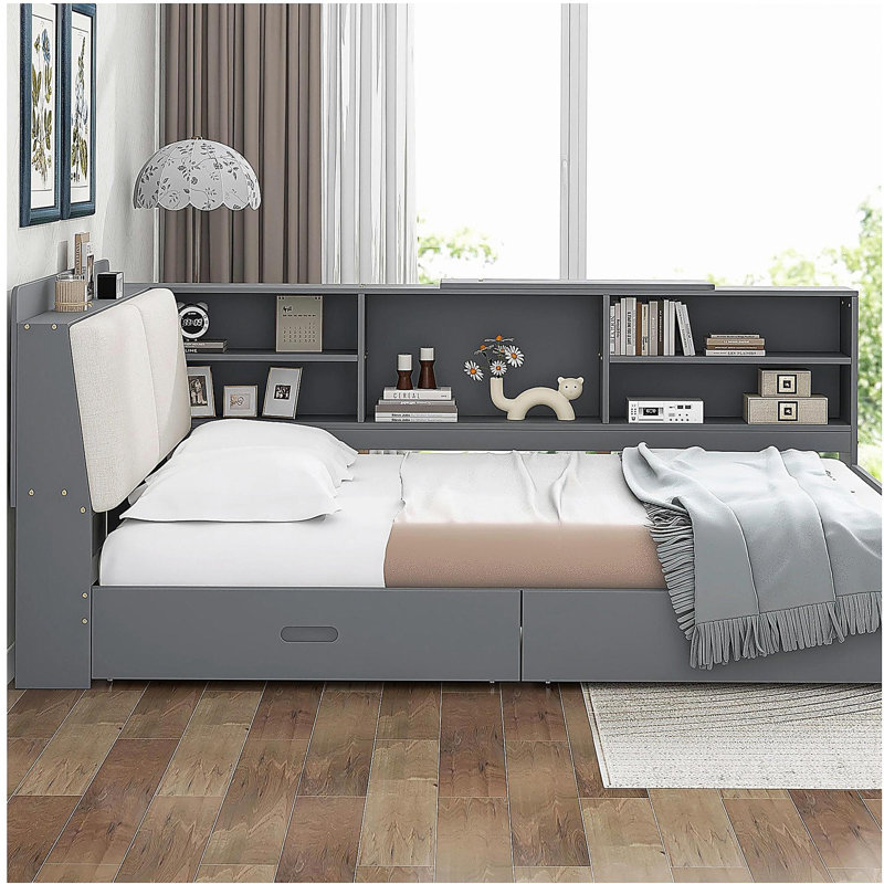 Lit plateforme double en bois avec tête de lit, tablettes et 2 tiroirs, Gris