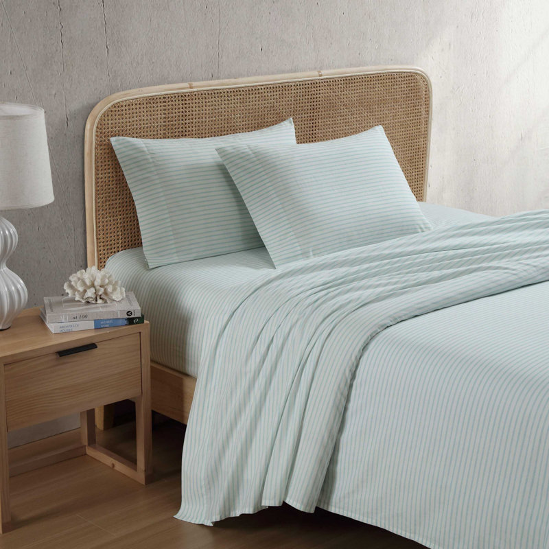 Tommy Bahama Printed Percale Cotton Sheet Set, Queen Sheet Set with 2 Pillowcases, Green Cool Beach Stripe