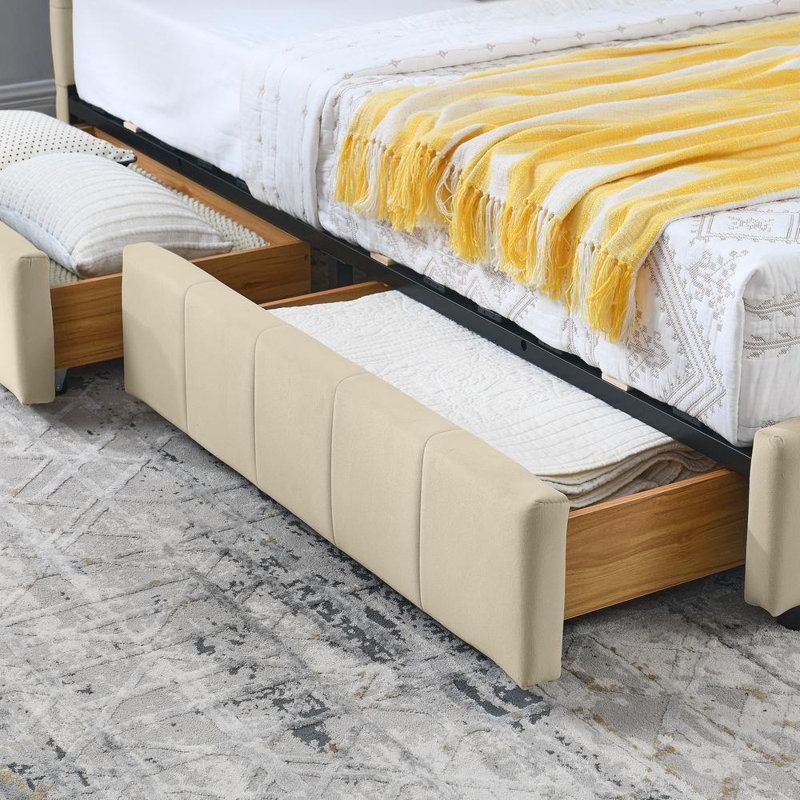 Upholstered Daybed With Backrest, Armrest, And Storage Drawers, Beige