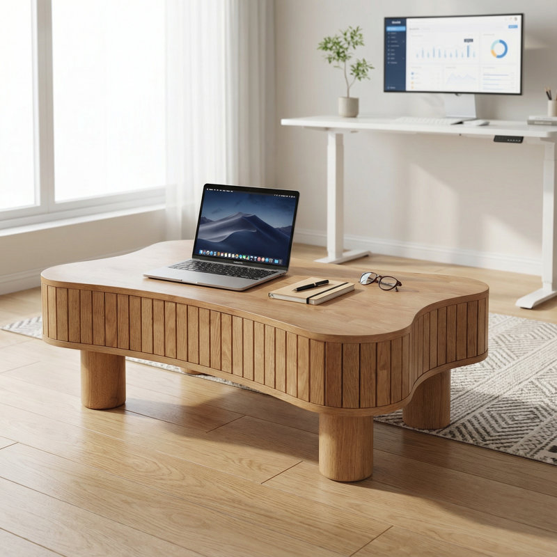 Table basse transformable à plateau relevable avec compartiments de rangement dissimulés et système de réglage hydraulique de la hauteur silencieux