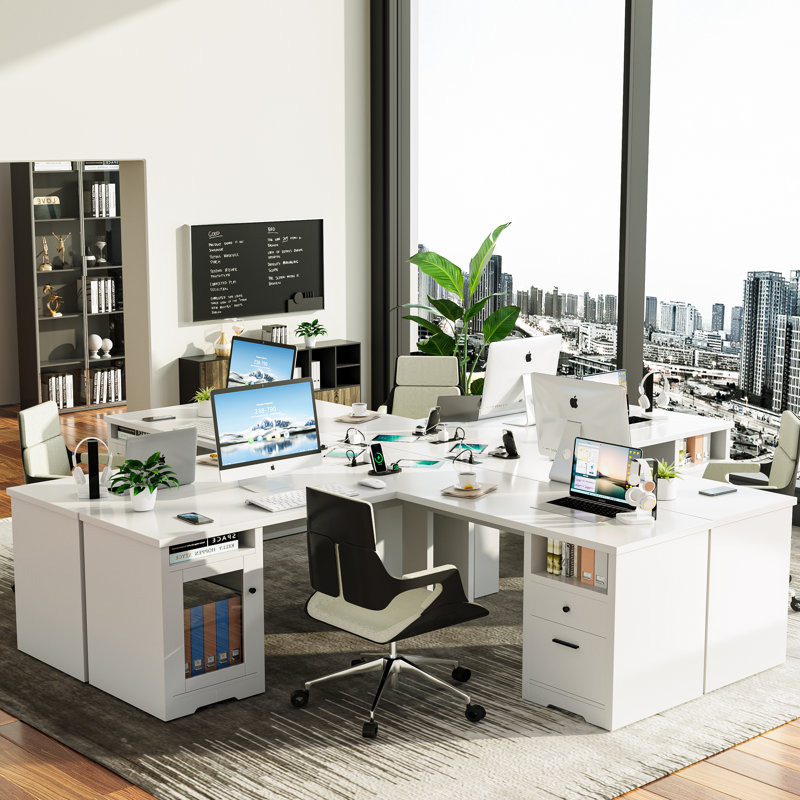 Bureau de direction en L avec cabinet Chizuko, Blanc