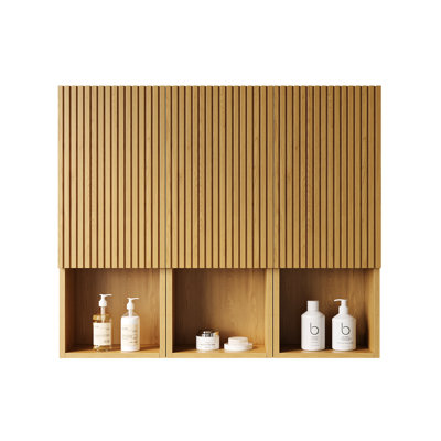 41" Bathroom Cabinetry - 3 Cabinets Oak Wood Texture Plywood Frame Doors & Open Sections Semi- French 3D Groove Wall Mounted Cabinet Grain Look Material Compartments