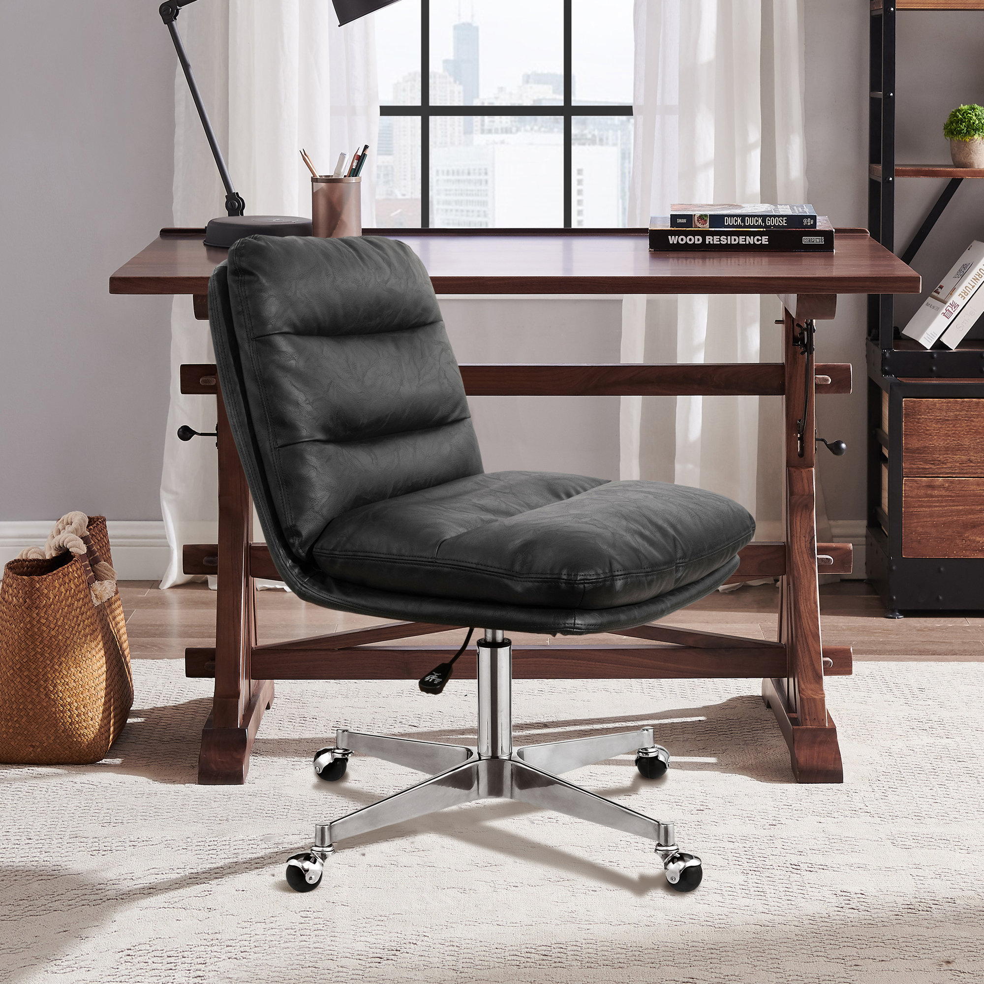 Paynesville Swivel Office Task Chair with Wheels, Faux Leather, Black