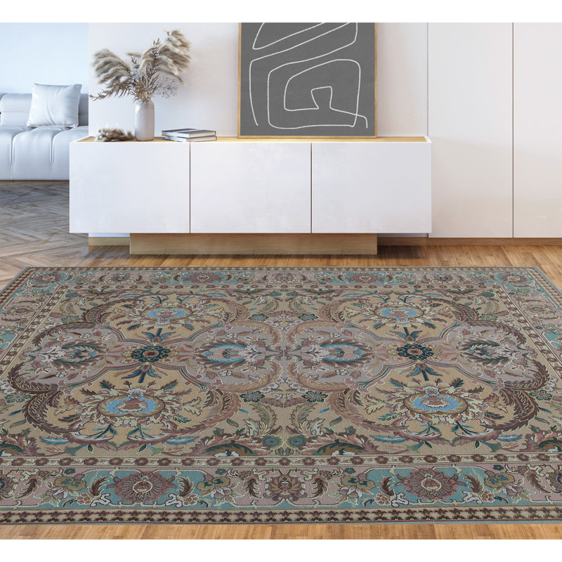 Hand-Knotted High-Quality Gold and Green Area Rug