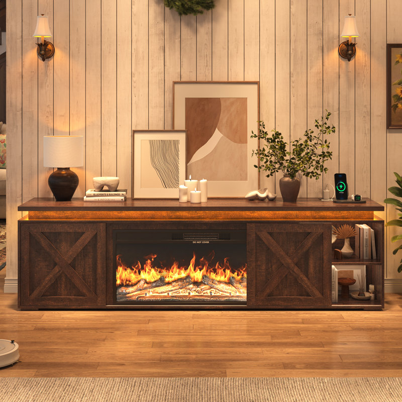 82.67" Farmhouse Tv Stand With Electric Fireplace, Barn Door Entertainment Center With Adjustable Shelves & Led Accent Lighting