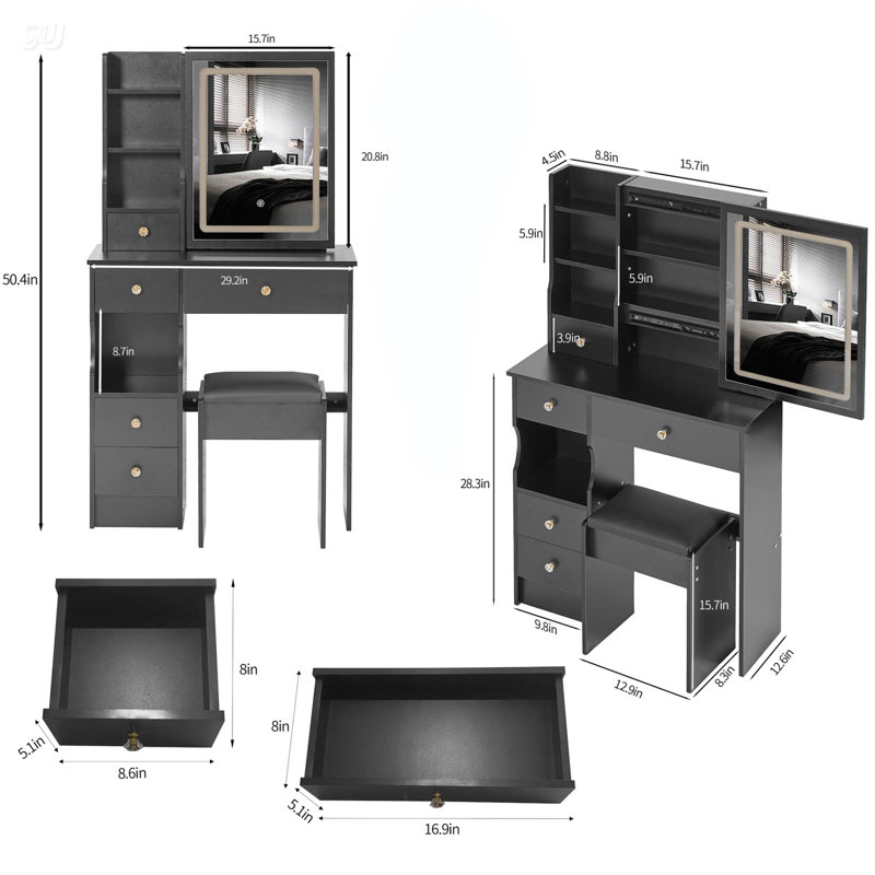 Petit meuble-lavabo de 29,2 po avec tabouret de bureau et tabouret rembourré, 29 po