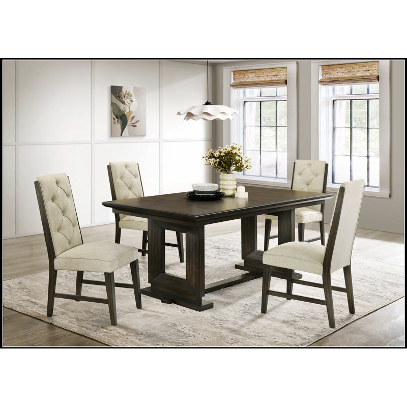 Ensemble de table de salle à manger extensible 5 pièces avec base à tréteaux, chaises rembourrées beiges et finition espresso pour les maisons modernes