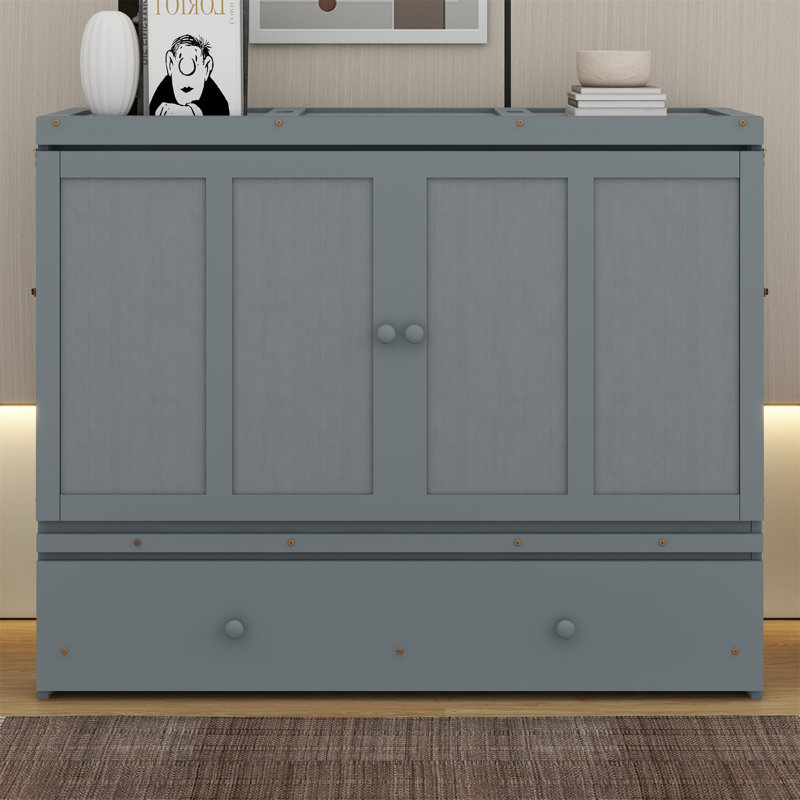 Lit escamotable avec port USB et grand tiroir, Gris, Grand lit