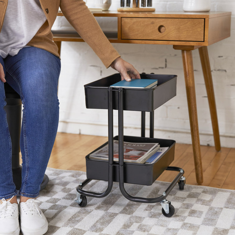 Black Metal 2-Tier Rolling Utility Storage Cart