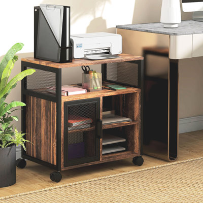 Rustic Brown Printer Stand With Socket. Neatly Store Office Essentials. Move Freely Wheels. Versatile Accessory Ports & Socket, Brown. Equipment. Mobile Brake System.
