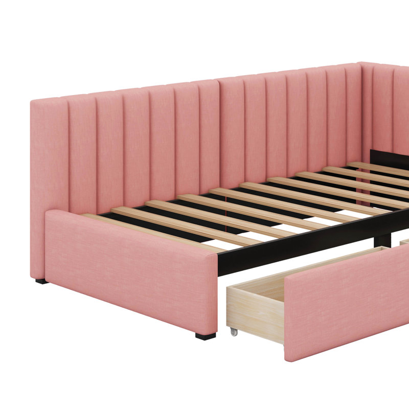 Lit de jour simple tapissier avec 2 tiroirs, Rose