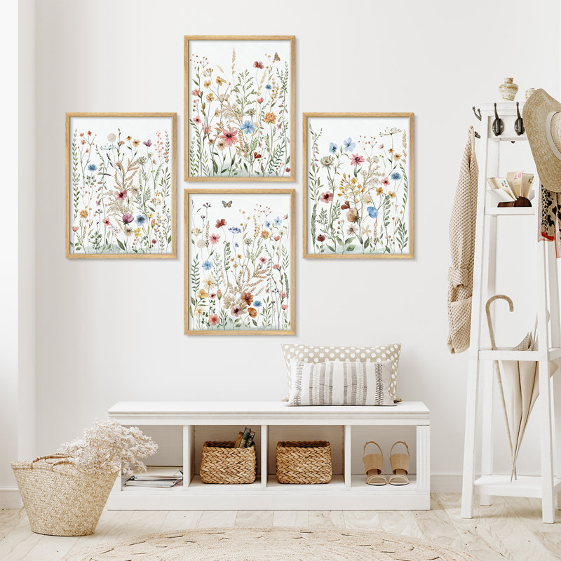 Ensemble de 4 reproductions d'art encadrées délicates fleurs sauvages pré, H 16 po x l 12 po, Naturel