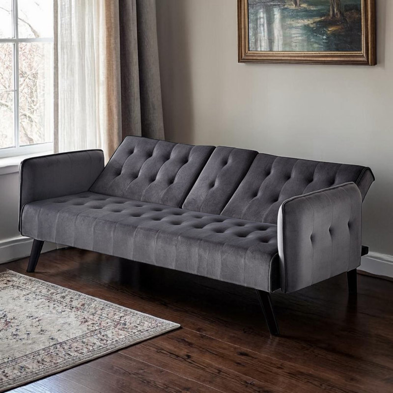 72" Futons Upholstered Convertible Sofa Bed With Cup Holders And Adjustable Backrest, Dark Gray Velvet, Black