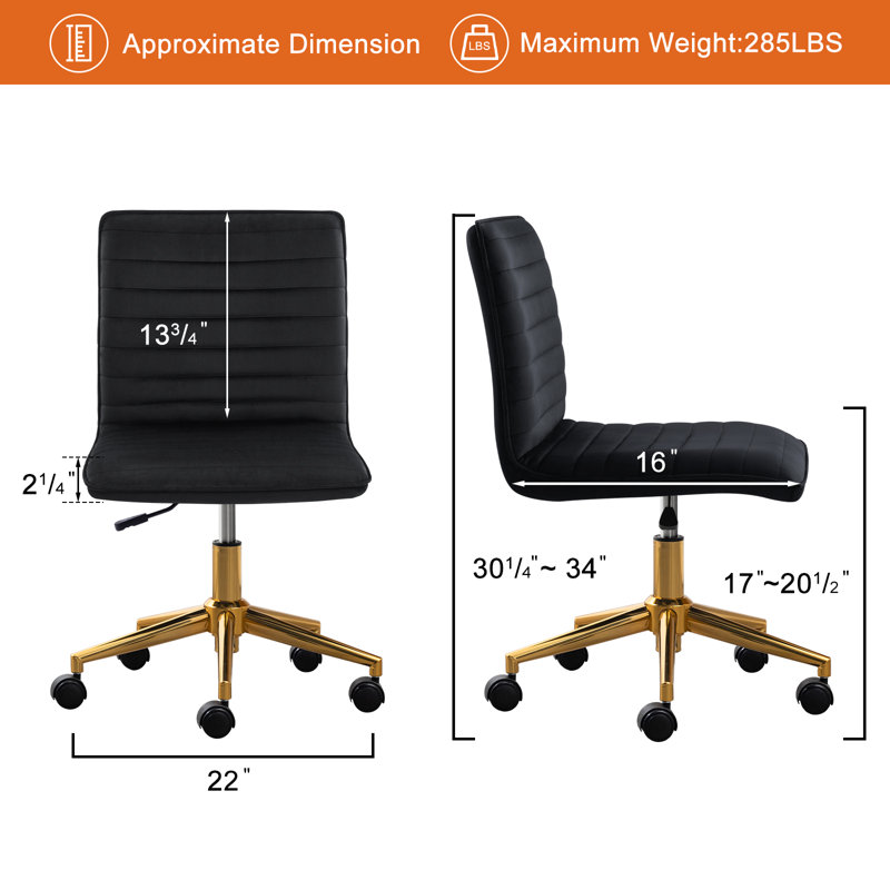 Modern Velvet Office Task Chair, Armless Swivel Computer Desk Chair for Home Office, Black