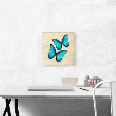 " Two Blue Butterfly Wings Insect Tan " Painting Print