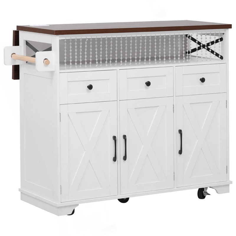 Farmhouse Kitchen Island With Drape Of Beads – Rolling Kitchen Cart On Wheels, 3 Doors & 3 Drawers, Drop Leaf & Power Outlet
