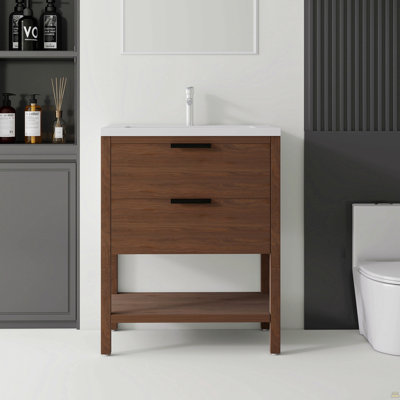 Meuble-lavabo flottant 30 po avec lavabo, porte à fermeture en douceur, lavabo en céramique, contreplaqué, brun