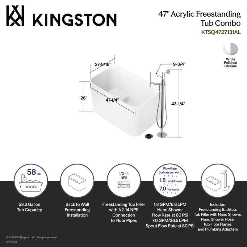 Kingston Brass Aqua Eden 47-Inch Acrylic Rectangular Double Ended Freestanding Tub With Faucet Combo And Drain