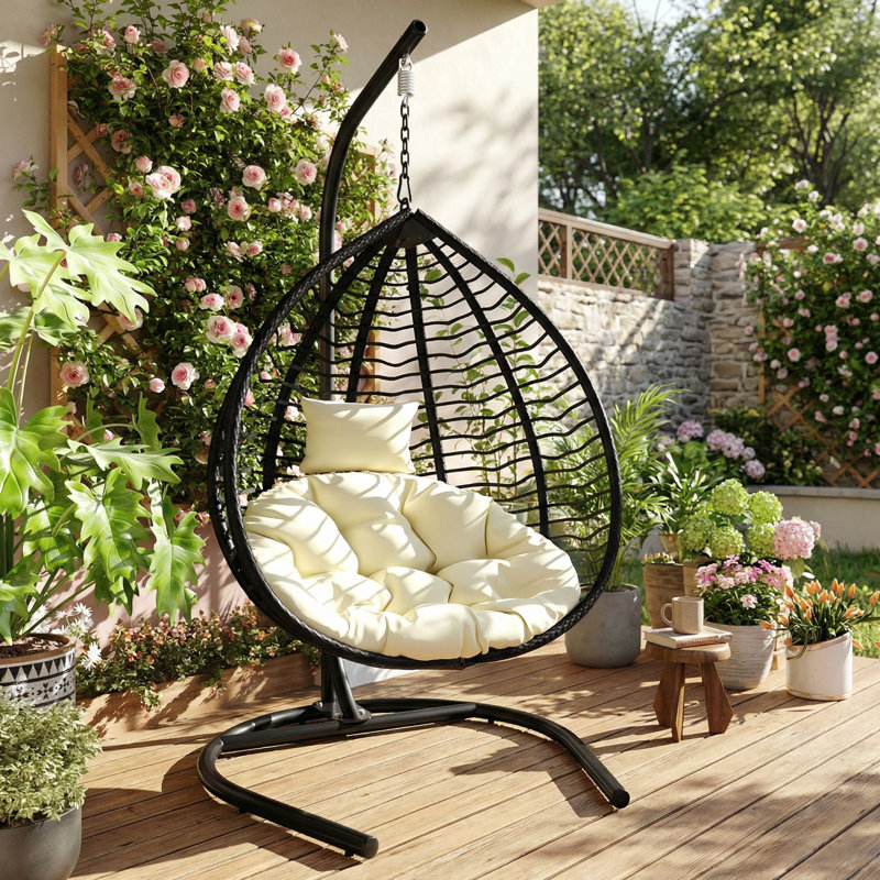 Fauteuil à œufs suspendu avec support, chaise hamac en rotin pliable avec coussin et appui-tête amovible, Noir / Beige