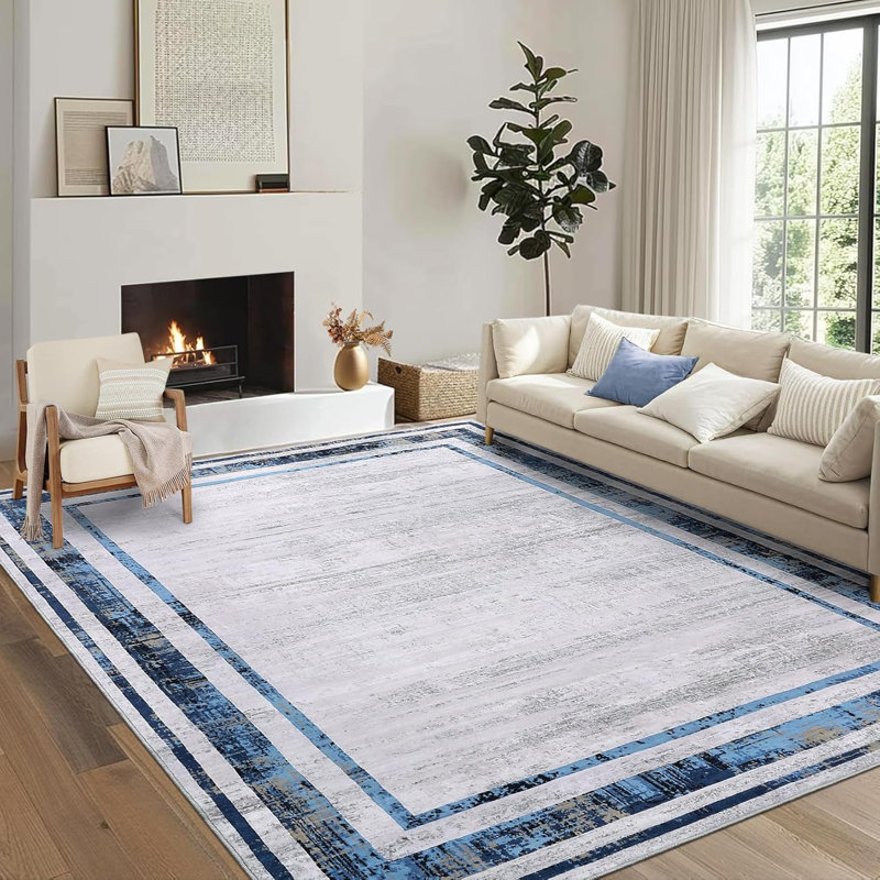Washable Rug Modern Border Soft Distressed Gray Minimalist Non Slip Hallway Stain Resistant Kitchen Contemporary