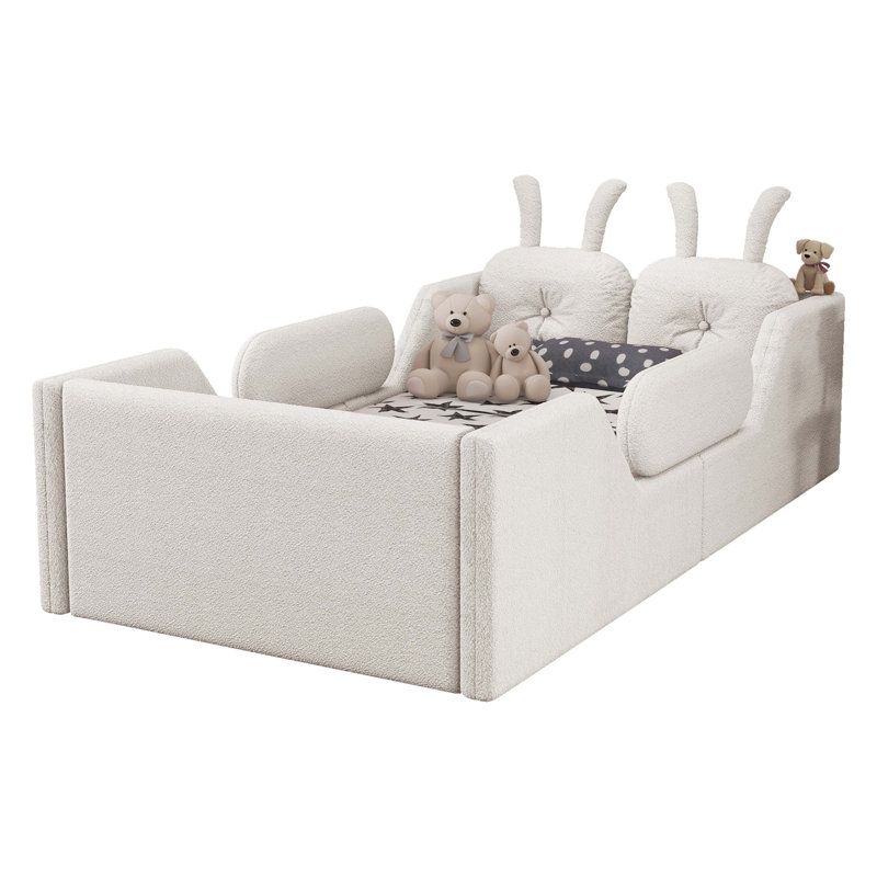 Twin Size Upholstered Platform Bed With Rabbit Cushion, Removable Side Rails For Kids, Soft Teddy Fabric, No Box Spring Needed