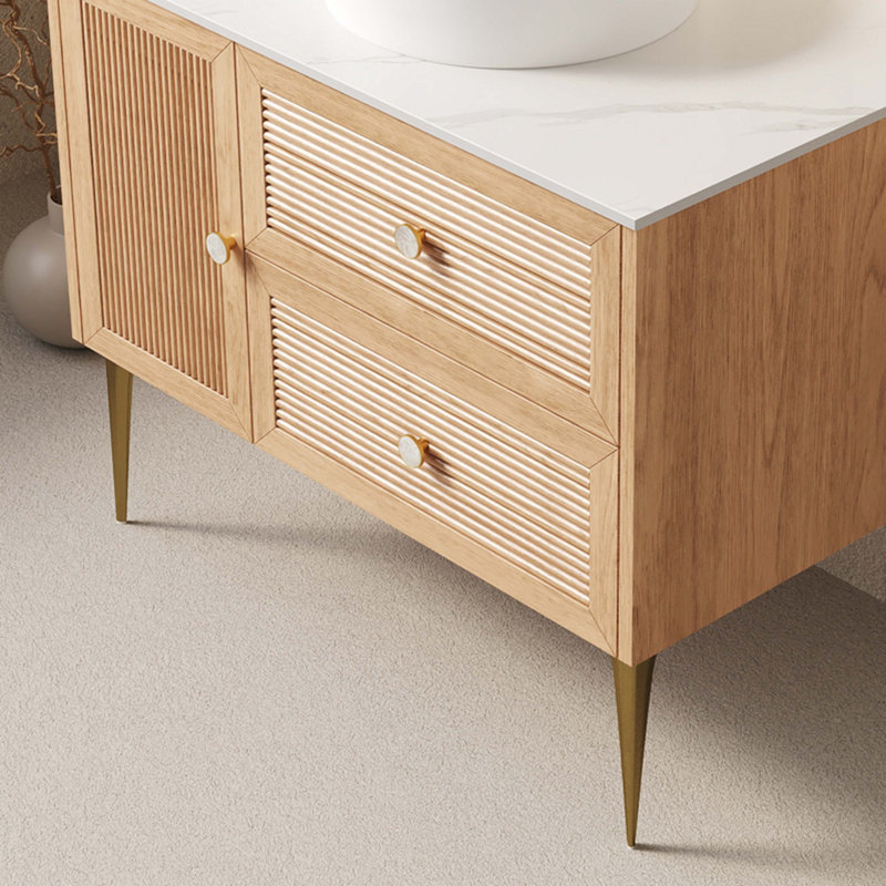 36" Freestanding Bathroom Light Oak Woodgrain Plywood Cabinet With Carrara White Sintered Stone Counter Top, Two Drawers And One Door, NO Basin, NO Faucet And Sink Cover