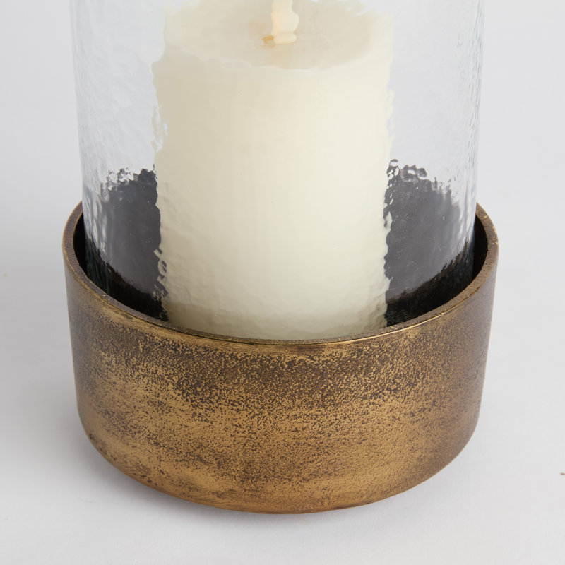Brindisi Hammered Glass and Cast Aluminum Antique Brass Hurricane Small, 10.75'' H x 6.75'' W x 6.75'' D, Bronze