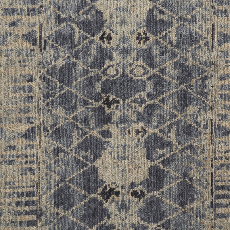 Ivory and Blue Hand-Knotted Wool Trellis Area Rug