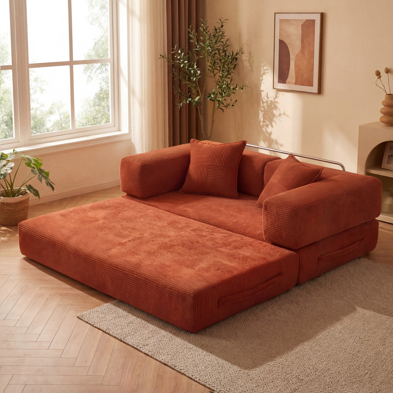 Convertible Sleeper Sofa With Removable Armrests, Corduroy Fabric Sofa Couch, No Assembly Required For Living Room, Dorm, Studio