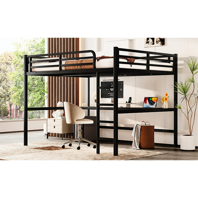 Black Queen Loft Bed Made Of Metal With Power Outlet And Diy Smart , Creating Separate Spaces For Work Play, Desk Charging Four - Side Protection Space Saving Led Comes Study Or Gaming, Protective