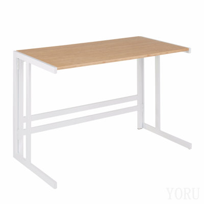 Industrial Office Desk In White Metal And Natural Wood-Pressed Grain Bamboo