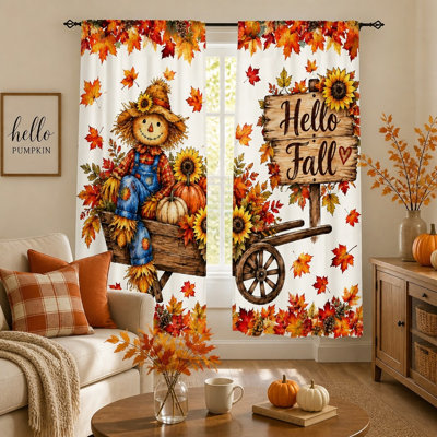 2Pcs rideaux de tournesol épouvantail d'automne, rideaux de fenêtre de campagne rustique d'automne pour le salon, la chambre, la cuisine, le patio, la décoration des Fêtes de l'Action de grâce, la poche de la tringle filtrant la lumière