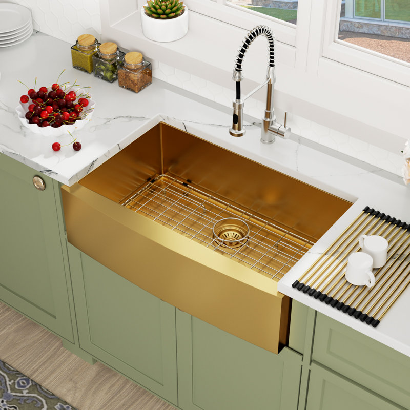 Farmhouse / Apron Single Bowl Kitchen Sink 16 Gauge Stainless Steel Kitchen Sink, Gold, 10" H x 30 " W x 21" D