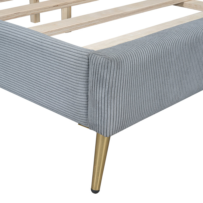 Queen Size Corduroy Platform Bed With Headboard, Gray