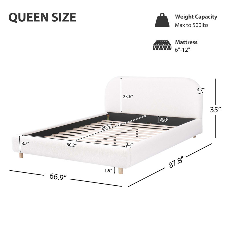 Boucle Upholstered Platform Bed With Wood Slats