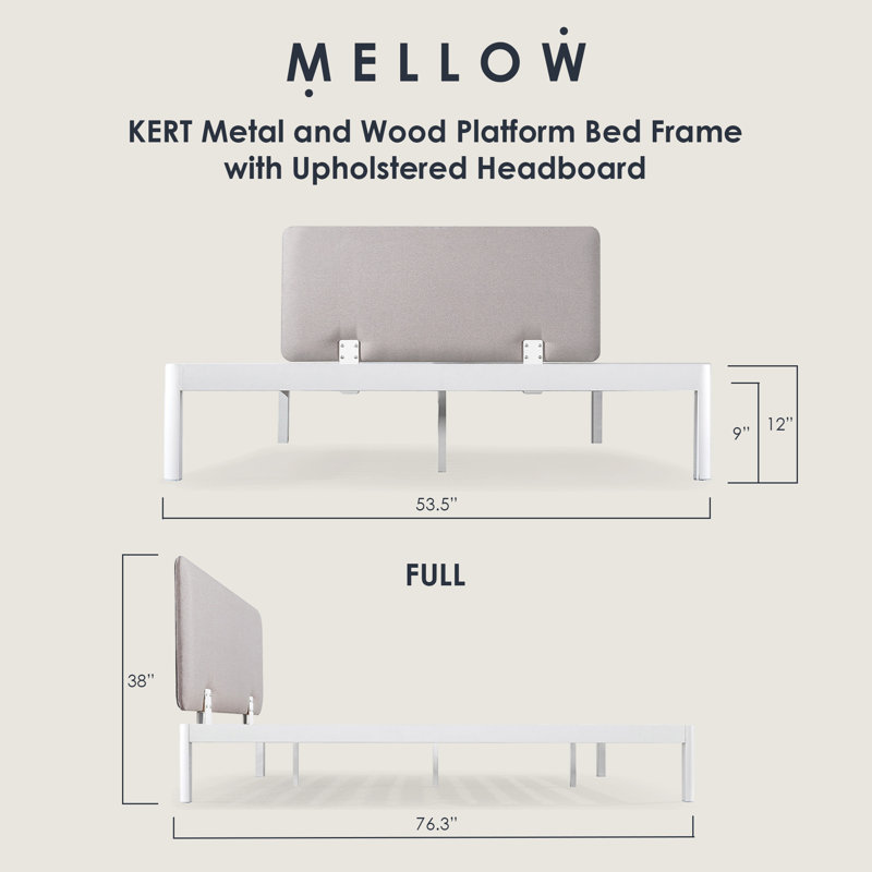 Mellow KERT Metal and Wood Platform Bed Frame with Upholstered Headboard,, Gray+White, Full