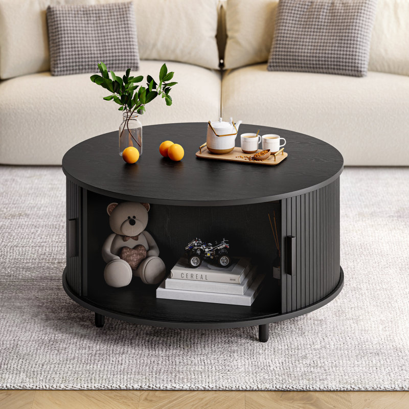 31.5" Modern Round Coffee Table With 360° Curved Sliding Door., Black