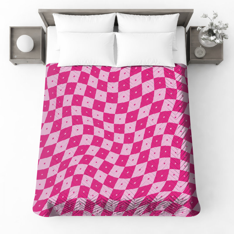 Pink Wavy Checkered Pattern Quilted Bedspread All Sizes, Full / Double