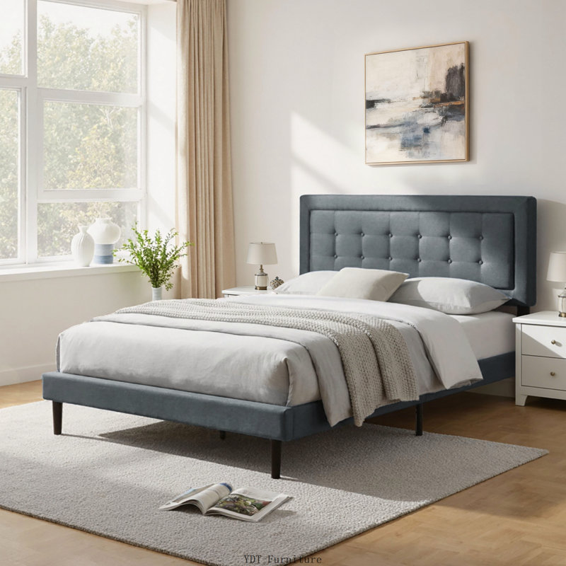 Grand lit plateforme tapissier, cadre de chambre à coucher facile à assembler, gris foncé, Gris foncé