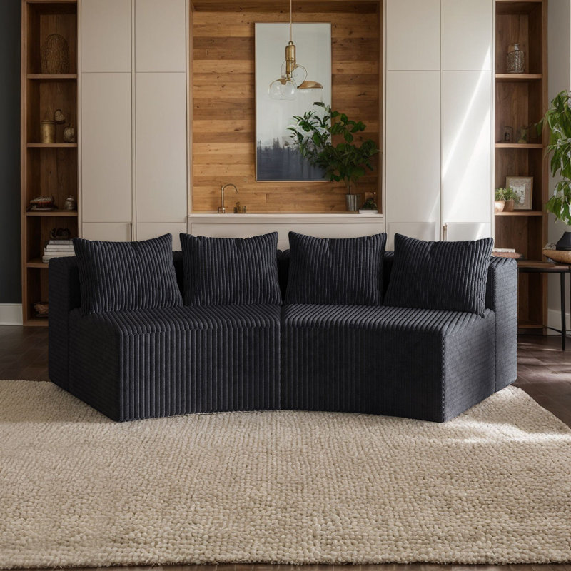 Corduroy Curved Sectional Sofa With Four Pillows,2 Modules, Black Corduroy