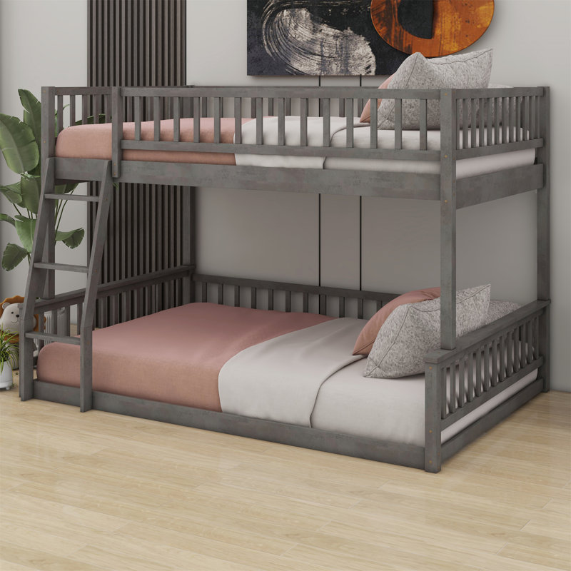 Jennifere Bunk Bed with Ladder and Guardrails, Gray, Full XL over Queen