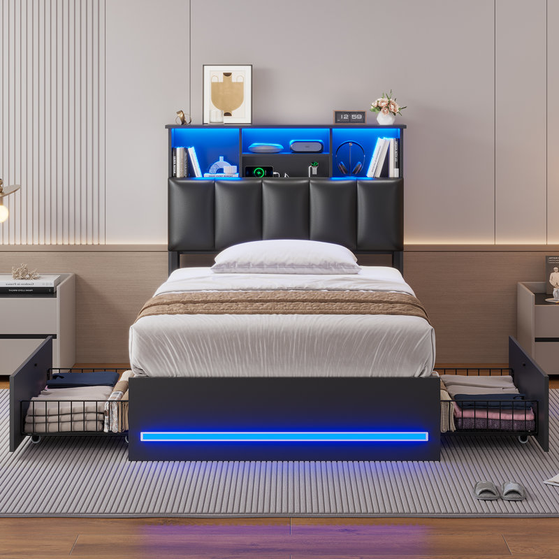 Upholstered Platform Bed Frame Twin Size with Charging Station, 4 Drawers and LED Lights, Heavy Duty, No Box Spring Needed