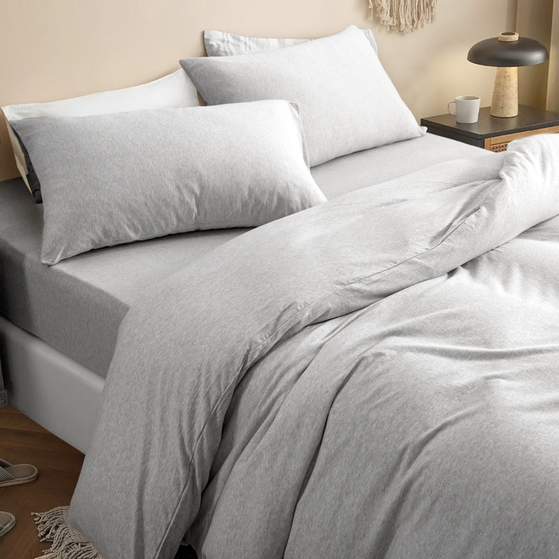 HOME BEDDING Jersey Cotton Duvet Cover Set, Queen Duvet Cover + 2 Standard Shams, Gray