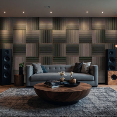 Panneau mural acoustique brun moyen en placage de bois 24 po x 24 po SereniSlats Cacao, panneau insonorisant à lattes de bois (paquet de 2/8 pieds carrés)
